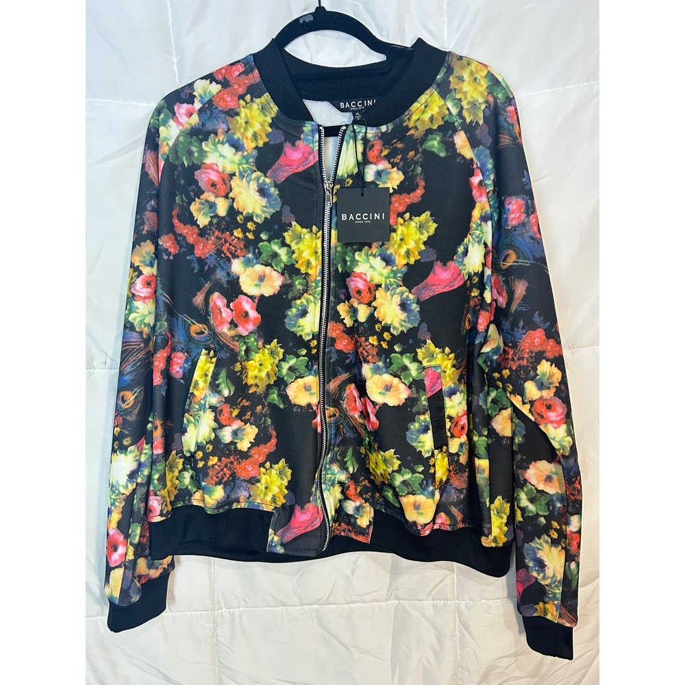 Baccini Women's XL Bomber Jacket Black Floral Print Long Sleeve Full Zip‎